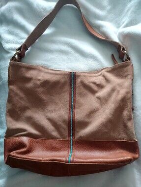 Two-Tone Brown Suede & Leather Shoulder Bag with Turquoise Accent